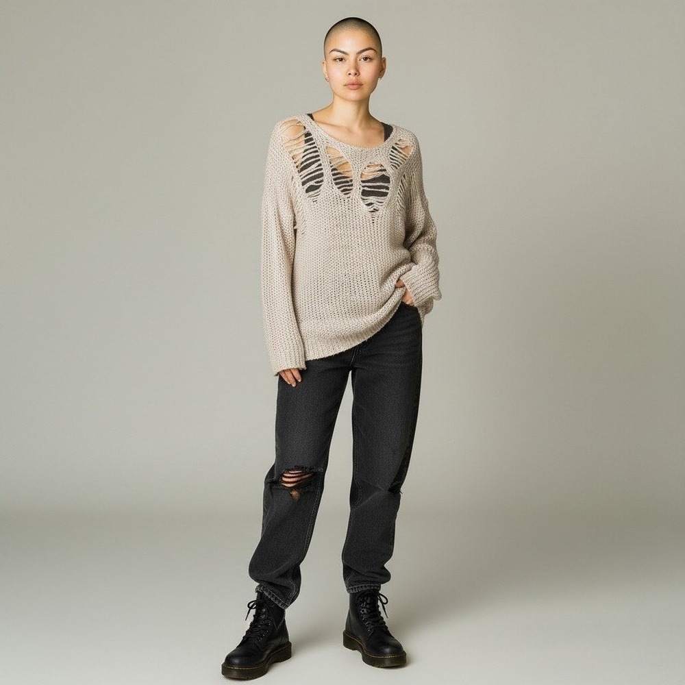 JOHN + JENN Distressed Pullover Sweater Gray Women's Oversized X Small Anthro - Picture 3 of 6